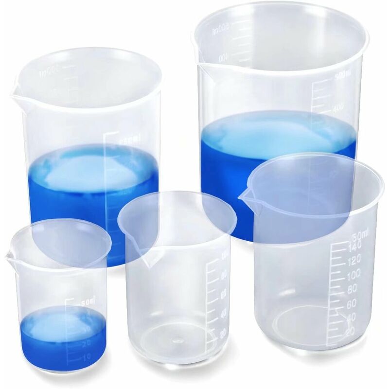5 Pcs Bécher Gradué 50 / 100 / 150 / 250 / 500ml Verres Doseurs en Plastique Transparent pour Cuisine et Laboratoire
