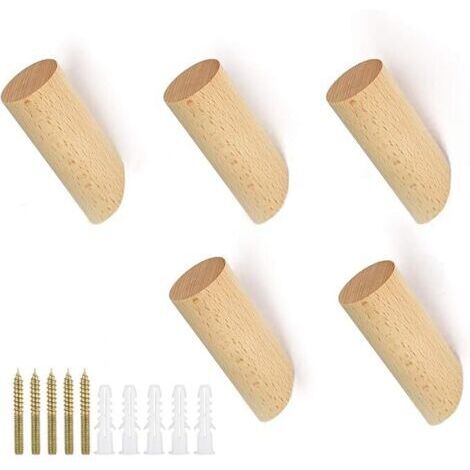 5 PCS Crochet Mural en Bois Cylindre Patère Bois Naturel Crochet Porte Manteau en Bois Hêtre Crochet Mural avec 5 Vis 5 Particules Colloïdales Patère Murale Moderne pour Mur Vêtement Chapeau