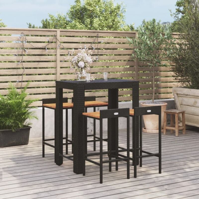 5 pcs Ensemble table + 4 Tabourets de jardin, Salon de jardin noir poly et bois massif acacia pewv65754 design in