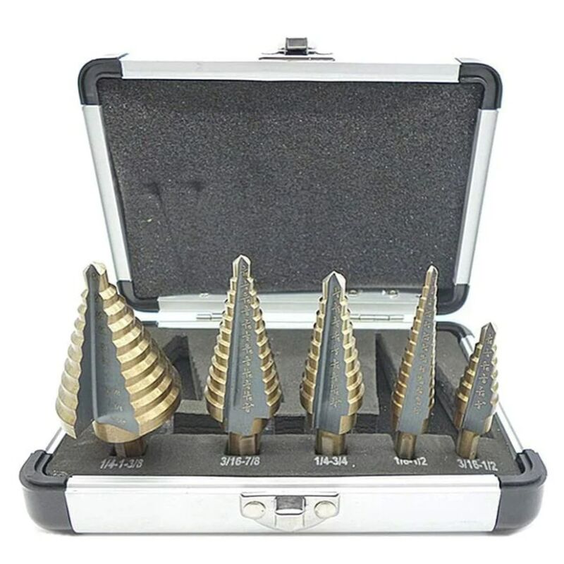 Fei Yu - 5 Pcs Foret Fraise Meche Etage, Foret Étagé, avec Boîtier en Aluminium Professionnel, Tige Hexagonale, avec Tampon de Centrage Automatique,