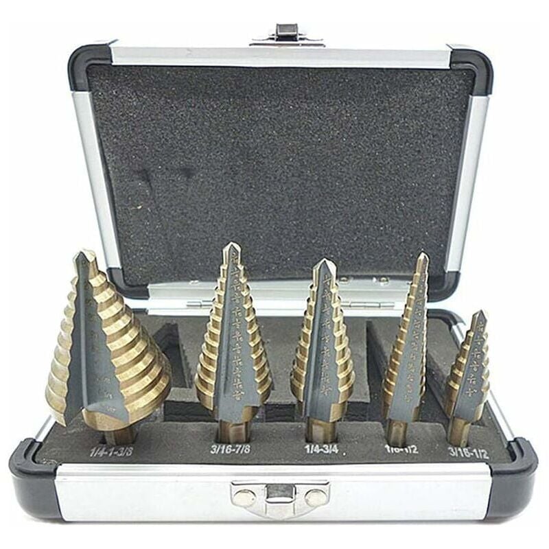 Er-siice - 5 Pcs Foret Fraise Meche Etage, Foret Étagé, avec Boîtier en Aluminium Professionnel, Tige Hexagonale, avec Tampon de Centrage