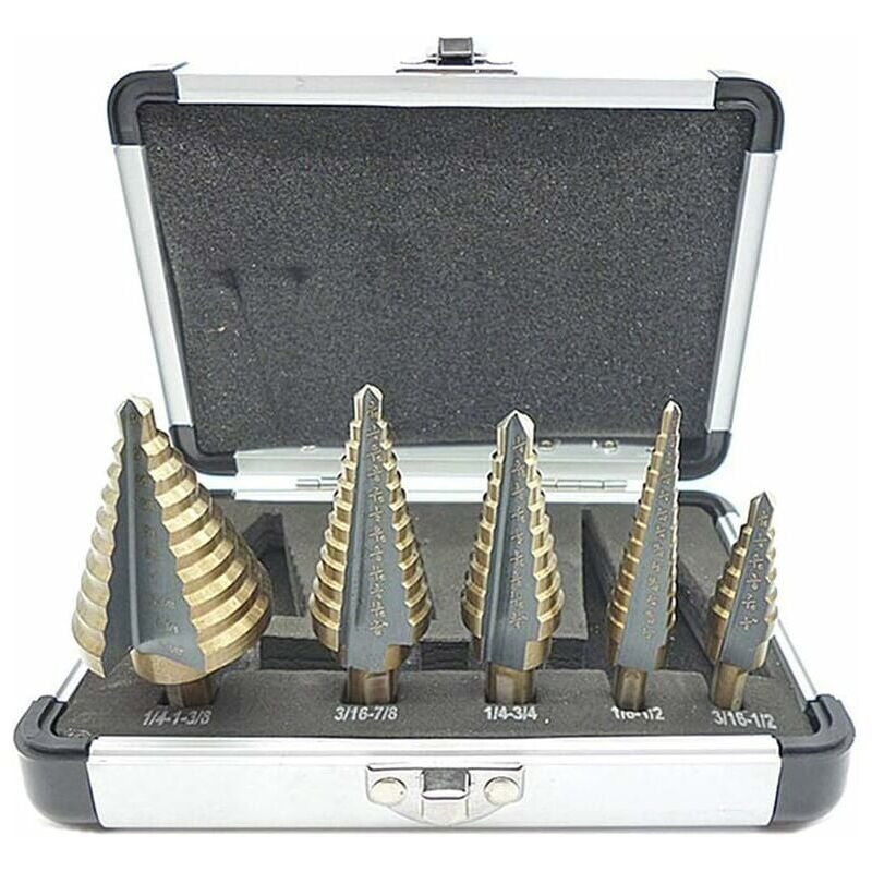 5 Pcs Foret Fraise Meche Etage, Foret Étagé, avec Boîtier en Aluminium Professionnel, Tige Hexagonale, avec Tampon de Centrage Automatique, Perçage