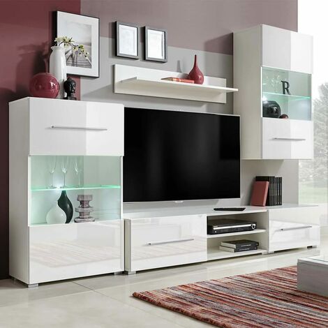 5 pcs Meubles TV mural avec éclairage LED, Banc TV, Support de Télévision, Meuble TV de salon Blanc YHJ69448