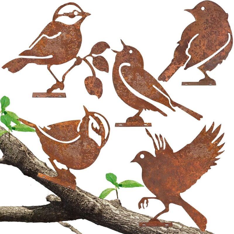 5 PCS Oiseaux Decoratifs rouillé Oiseau Decoration Deco Jardin Exterieur rouillée Metal Bird pour Décoration de Tronc de Branche d'arbre pour Patio