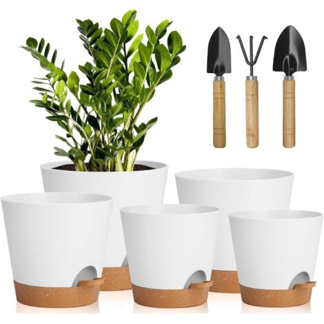 5 Pcs Pots de Fleurs en Plastique, 7/6.5/6/5.5/5 inch Pots à Fleurs/Plantes en Plastique, Auto-Arrosant avec Soucoupe de Fleur Convient aux Jardins de Balcon Intérieurs et Extérieurs(Blanc Marron)