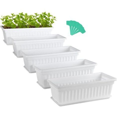 5 Pcs Pots de Fleurs rectangulaires 42,7cm, Support pour Plante avec Plateau, jardinière de Jardinage avec étiquette, boîte de seuil de fenêtre pour Plantes Grasses, Herbes, Fleurs (Blanc)