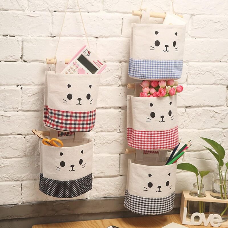 5 Pcs Sac de Rangement Suspendu Sac Pliable Sac de Rangement en Coton et Lin à Une Poche Convient pour Les Cosmétiques/Bijoux, Cordon pour