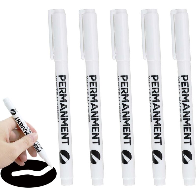 5 PCS Stylo Blanc Imperméable et SéChage Rapide, Marqueur Blanc Permanent, largeur de trait 1 mm, pour Bois, Pierre, Plastique, Cuir, Verre, Métal,