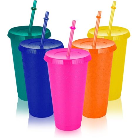 5 Pcs Tasse en Plastique Réutilisable Gobelet Verres, 700 ml Gobelet avec Paille et Couvercle Réutilisables en Plastique Coloré à Paillettes pour café glacé et smoothie