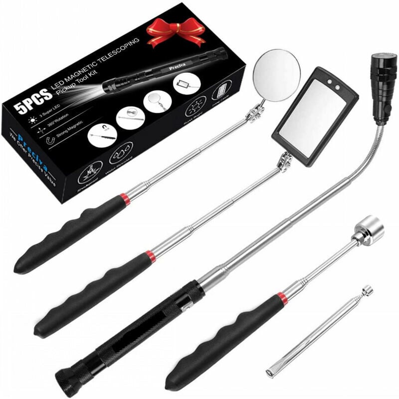 Hoopzi - 5 pcs Telescopic Magnetic Pickup Grabber Tool with led, Including 15lb/1lb Pickup Tool/Round/Square Inspection Mirror/360Ḟ Swivel Telescopic