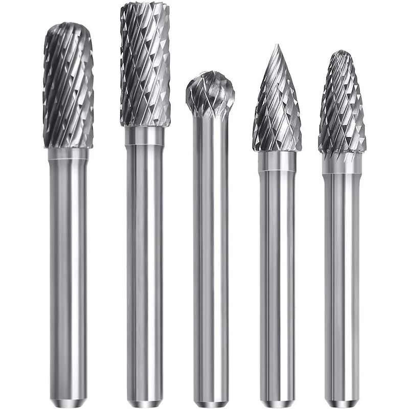 Aougo - 5 pcs Tungstène Carbure Double Coupe Rotary Burr Set, 8 mm Rotary Point Burr Die Grinder, 6mm Shank Bit Set, Fichier Rotatif Pour le bois,