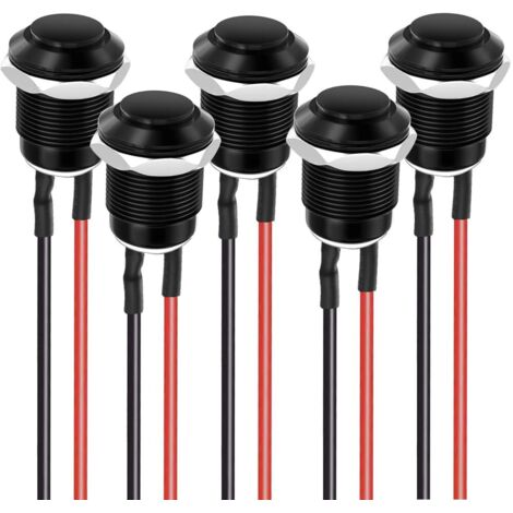5 pezzi di pulsante precablato impermeabile IP65, pulsante momentaneo in lega di alluminio su 12 mm 2 A 12 V/24 V/125 V/250 V CA (testa rivolta verso l'alto)