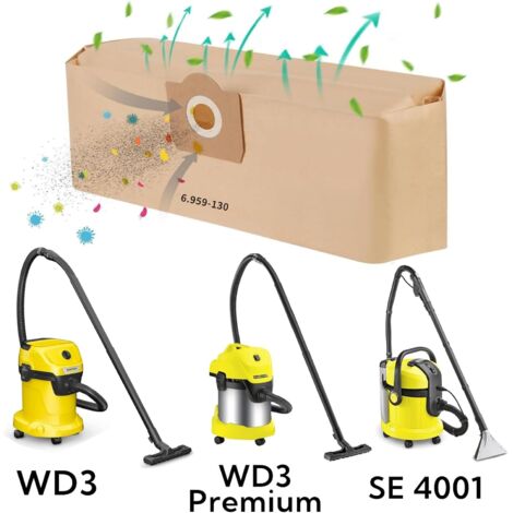 5 pezzi Sacchetti per aspirapolvere per Karcher, Sacchetti per aspirapolvere verticale per Karcher WD3/MV3/WD 3 Premium, Sacchetti filtro di carta di ricambio 6.959-130.0 A2201/2204/2504/2554/2251/260