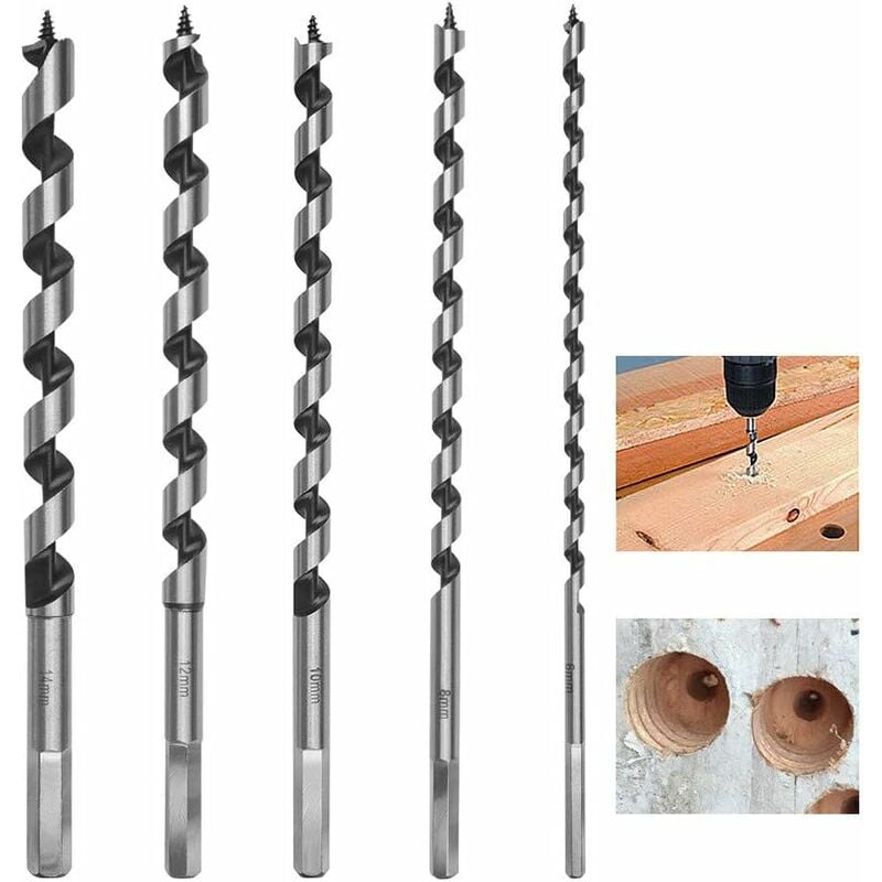 Groofoo - 5 Pièce Hexagonal Foret à Mèche à Bois 230mm Foret à Bois Set en Acier Au Carbone Spiral Trou Cutter Outil à Bois Kit D'outils avec