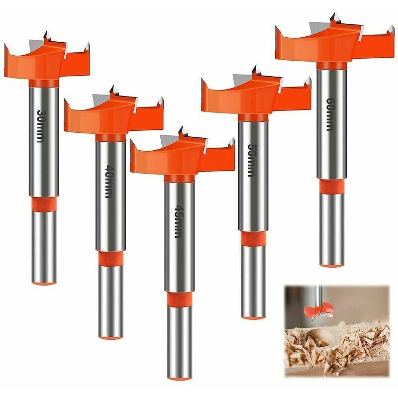 Lucky-88 - 5 Pièces Mèches Bois, 30/40/45/50/60mm Fraises à Bois Carbure, Forets Meches a Bois, Queue Ronde Jeu de Forets, Drill Bits, pour Faire la