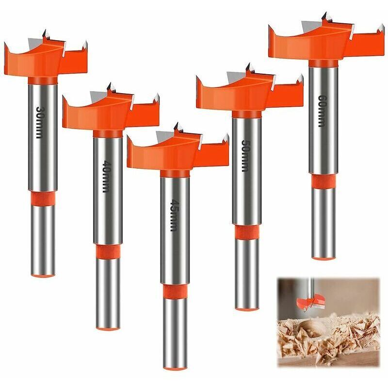 5 Pièces Mèches Bois, 30/40/45/50/60mm Fraises à Bois Carbure, Forets Meches a Bois, Queue Ronde Jeu de Forets, Drill Bits, pour Faire la Décoration