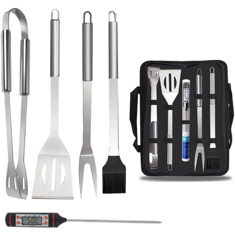 5 Piece BBQ Utensil Set with Thermometer, Stainless Steel Carry Bag, Barbecue Accessories, Camping