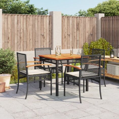 5 Piece Garden Dining Set with Cushions Black Poly Rattan vidaXL