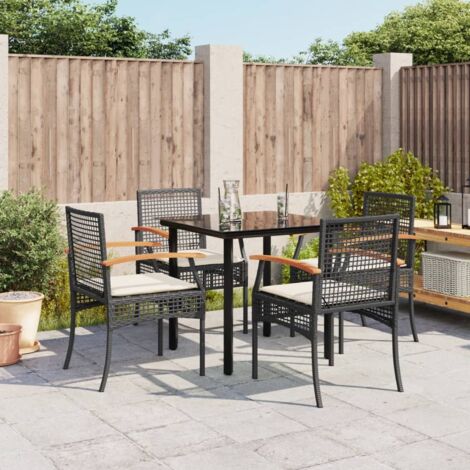 5 Piece Garden Dining Set with Cushions Black Poly Rattan vidaXL