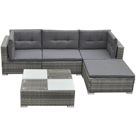 5 Piece Garden Lounge Set with Cushions Poly Rattan Grey