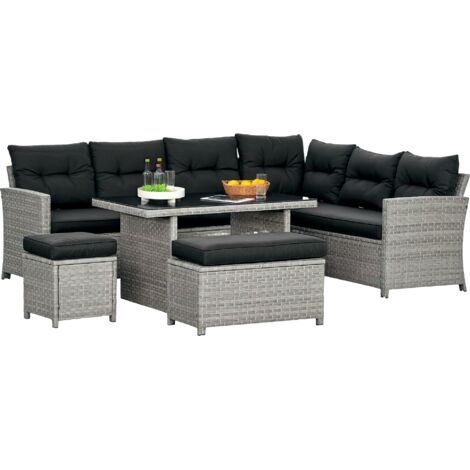 5-Piece Rattan Patio Furniture Set with Corner Sofa, Footstools, Glass Coffee Table, Cushions, Mixed Grey