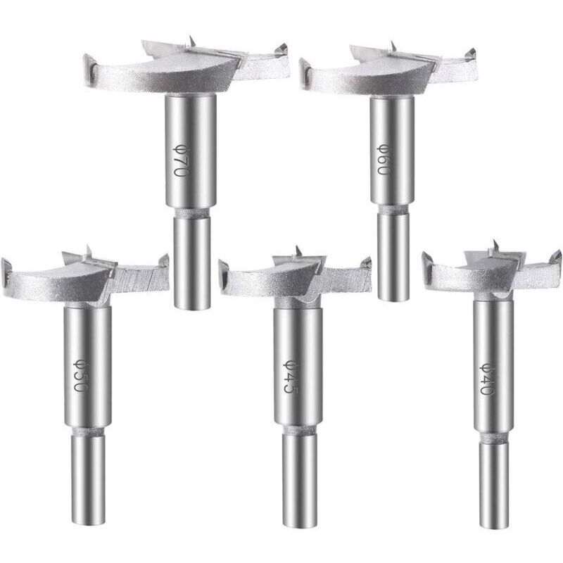 5-piece Wood Drill Bit Set (40/45/50/60/70mm) Carbide Wood Milling Cutters Assortment of Drill Bits for Drilling Wooden Products, Drawers, Plastic