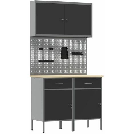 5 Piece Work Cabinet and Pegboard Set Black MDF and Metal vidaXL