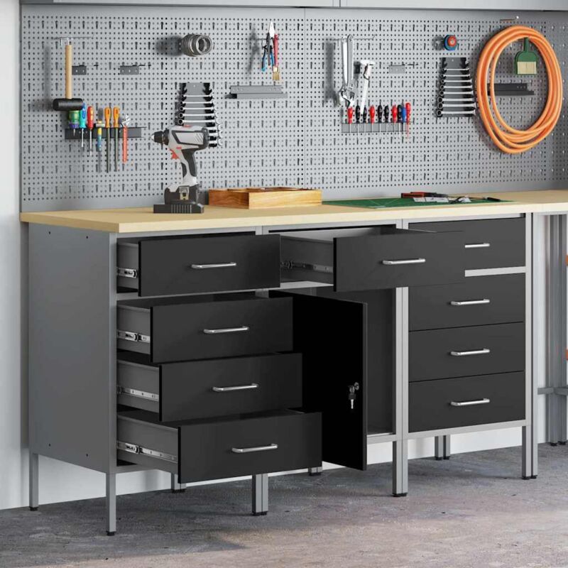 Work Cabinet with Drawer 3 pcs Black and Grey 150 x 55 x 85 cm vidaXL
