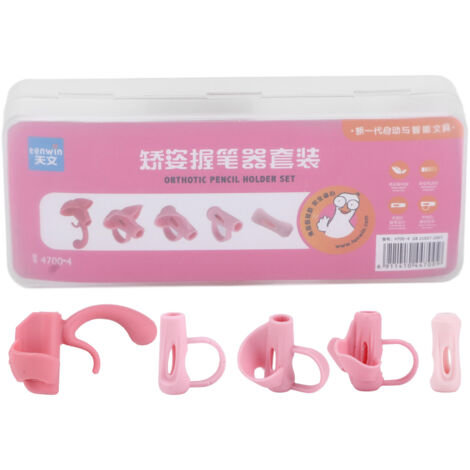 5 pièces Attaches Ergonomiques pour Crayons en Silicone - Aide à l'Écriture et Correction de Posture - Boîte de Rangement Incluse - Enfant Rose