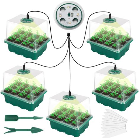 5 Pièces Bac à semis, 60 cellules, Plateau de culture, Lumière de croissance, Couvercle ajustable, Kit germination intérieur