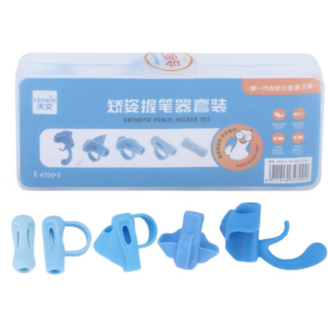 5 pièces Bagues de Crayon en Silicone pour Enfants - Aide à l'Écriture et Correction de Posture avec Boîte de Rangement Bleue