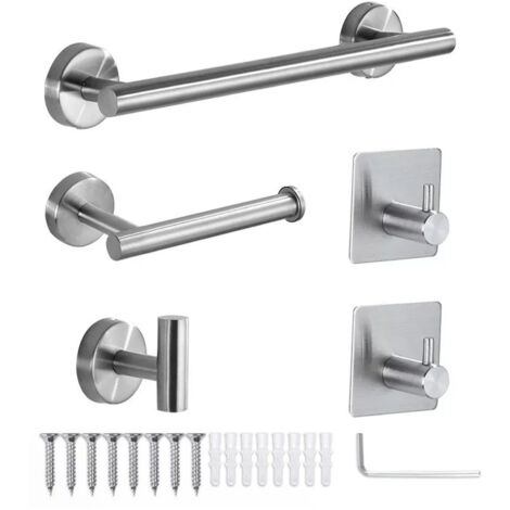 5 Pieces Bathroom Hardware Accessories Set Towel Rack Paper Holder Hook Adhesive Hook Multifunction Bathroom Set Silver