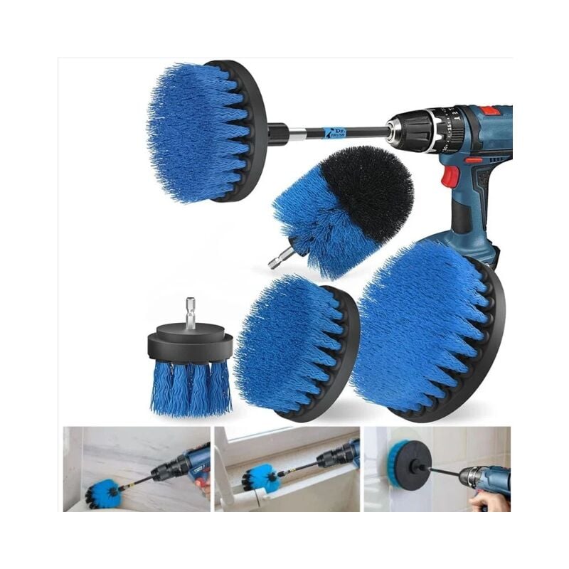 5 Pièces Brosse Perceuse Nettoyage, Brosse Visseuse, Brosse de Forage Puissante pour Carreaux, Cuisine, Sols, Voiture, Baignoire, Bleu(Tête de brosse