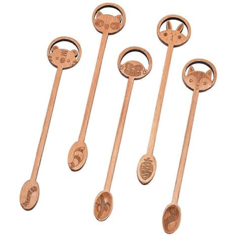5 pièces Cuillère en Bois à Long Manche pour Café Dessert Mélange Cuisine