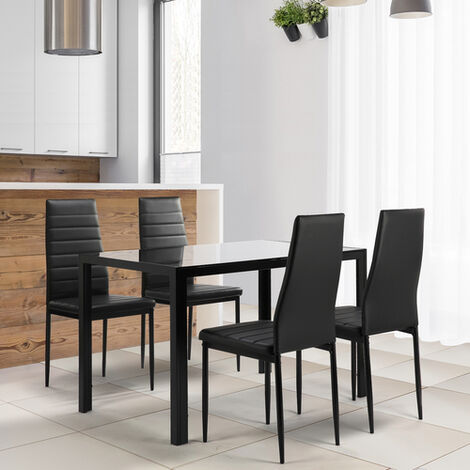 5 Pieces Dining Table Chairs Set, Kitchen Room Tempered Glass Dining Table, 4 Faux Leather Chairs Black