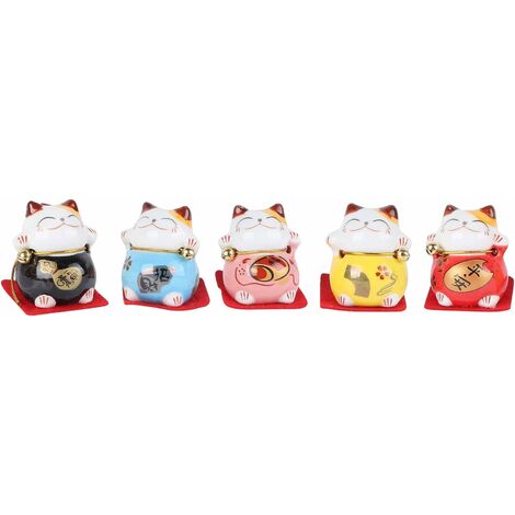 5 Pièces en Céramique Chat Chanceux Ornement Maneki Neko Chat Chanceux Figurines en Céramique Feng Shui Maneki Neko Chat Chanceux Statue pour Intérieur Maison Table Véhicule