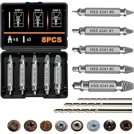 5 Pièces Extracteur Vis avec 3 Forets, Vis Autoforeuse Metal HSS 4341, Tourne Gauche Extracteur Endommagées, pour Endommagées Boulon