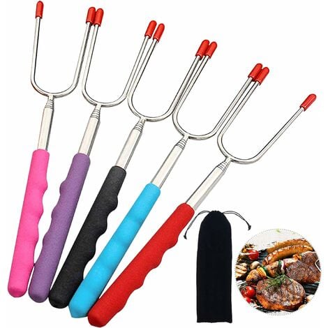 TINOR 5 Pièces Fourchette a Barbecue Télescopique BBQ Fourchettes Guimauves Inoxydable Bâtons à Rôtir pour la Cheminée de Feu de Camp de Camping et Le Gril de Saucisse