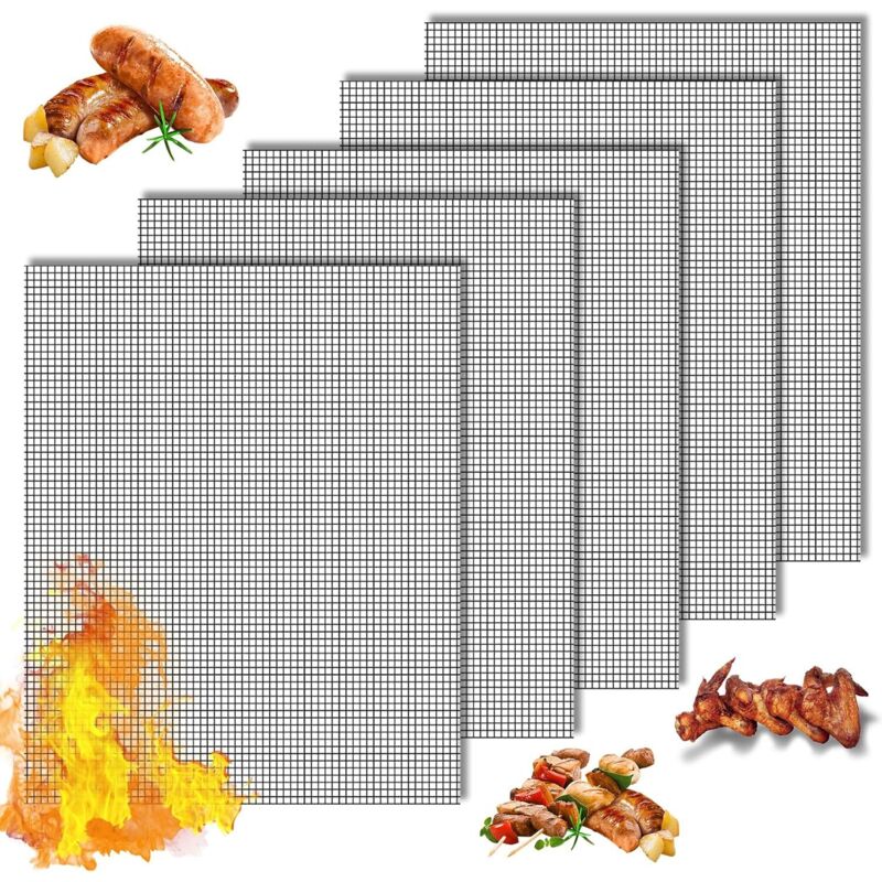 5 Pièces Grille Barbecue Decoupable, 42x36cm Tapis de Gril en Téflon, Réutilisable, Tapis de Gril BBQ pour Gril à Gaz, Charbon de Bois, Gril