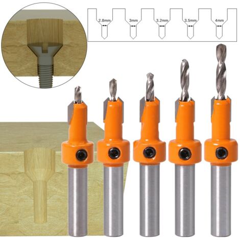 5 Pièces Jeu de Foret Fraise, Foret à Fraiser Bois, (2.8/3/3.2/3.5/4mm)