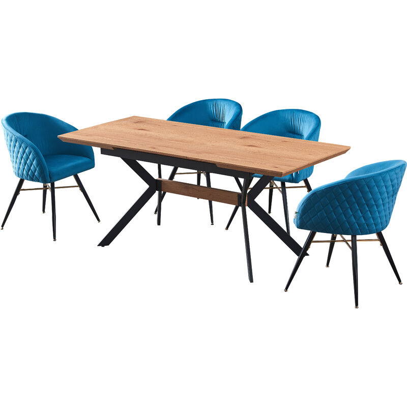 5 Pieces Life Interiors Atarah Blaze Dining Set - an Extendable Oak Rectangular Wooden Dining Table and Set of 4 Blue Dining Chairs - Blue