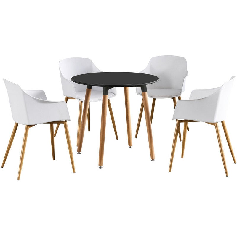 5 Pieces Life Interiors Eden Halo Dining Set - a Black Round Dining Table and Set of 4 White Dining Chairs - White