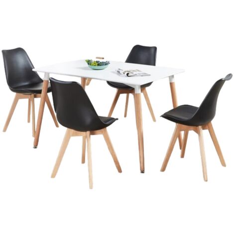 5 Pieces Life Interiors Lorenzo Halo Dining Set - a Rectangular White Dining Table and Set of 4 Black Dining Chairs