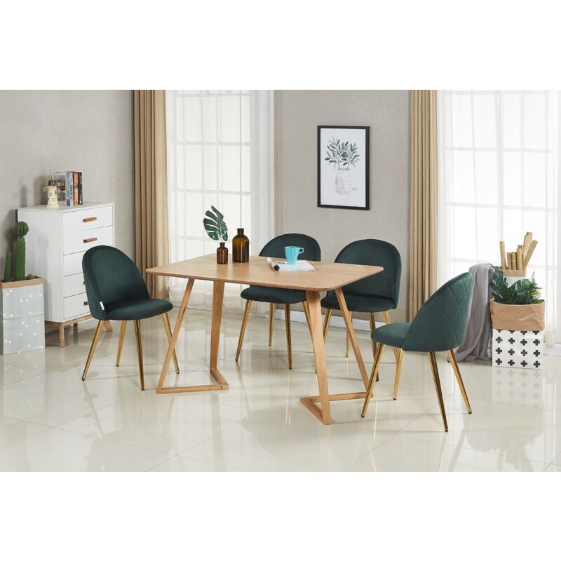 Life Interiors - Dallas Lucia Dining Set - an Oak Wooden Dining Table and Set of 4 Green Velvet Dining Chairs - Dining Room Kitchen