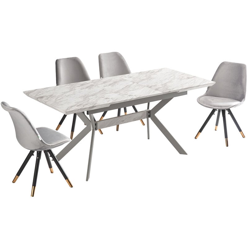 5 Pieces Life Interiors Sofia Blaze Dining Set - a White Extendable Rectangular Wooden Dining Table and Set of 4 Light Grey Dining Chairs - Light Grey