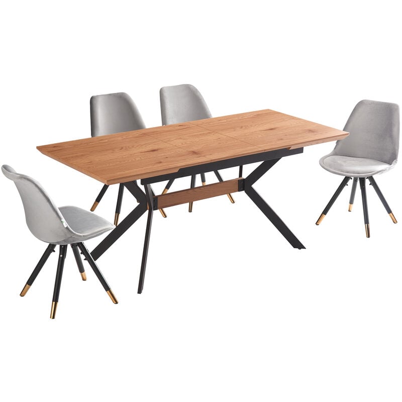 5 Pieces Life Interiors Sofia Blaze Dining Set - an Extendable Oak Rectangular Wooden Dining Table and Set of 4 Light Grey Dining Chairs - Light Grey