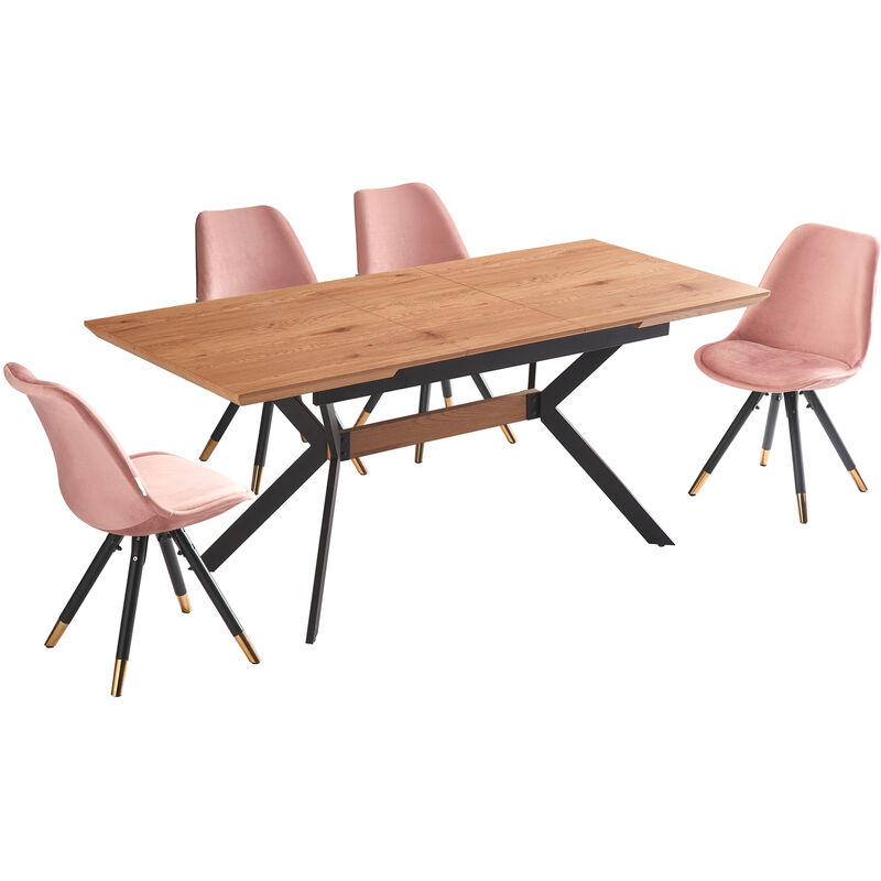 5 Pieces Life Interiors Sofia Blaze Dining Set - an Extendable Oak Rectangular Wooden Dining Table and Set of 4 Pink Dining Chairs - Pink