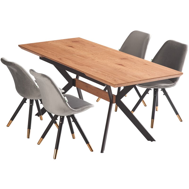 5 Pieces Life Interiors Sofia Blaze Dining Set - an Extendable Oak Rectangular Wooden Dining Table and Set of 4 Dark Grey Dining Chairs - Dark Grey