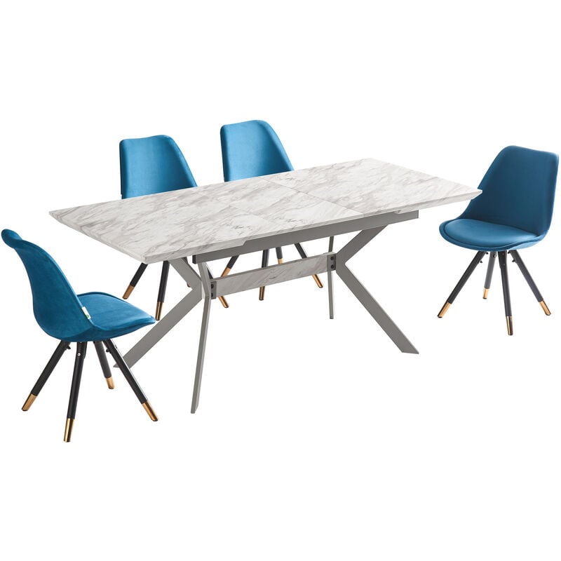 5 Pieces Life Interiors Sofia Blaze Dining Set - a White Extendable Rectangular Wooden Dining Table and Set of 4 Blue Dining Chairs - Blue