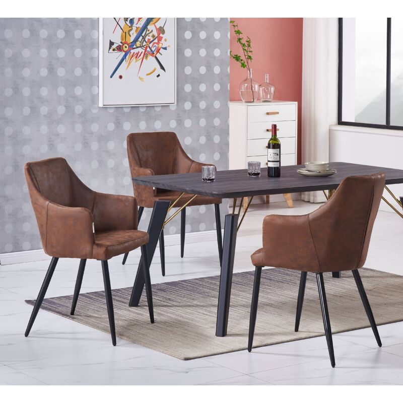 Cosmo lux Zarah Dining Set - a Black Wooden Dining Table and Set of 4 Brown Leather Dining Chairs - Dining Room Kitchen